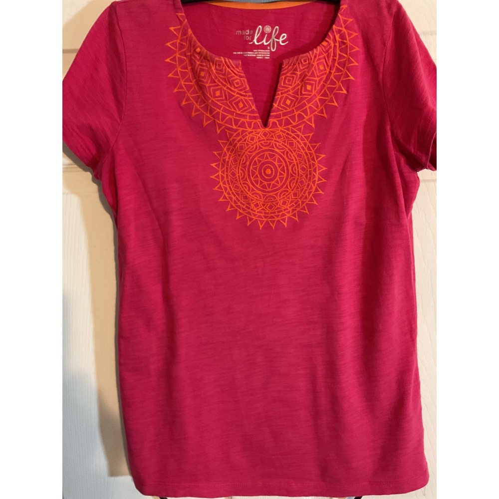 Made for Life Pink Orange Embroidered V-Neck Tunic Top Shirt Womens Small